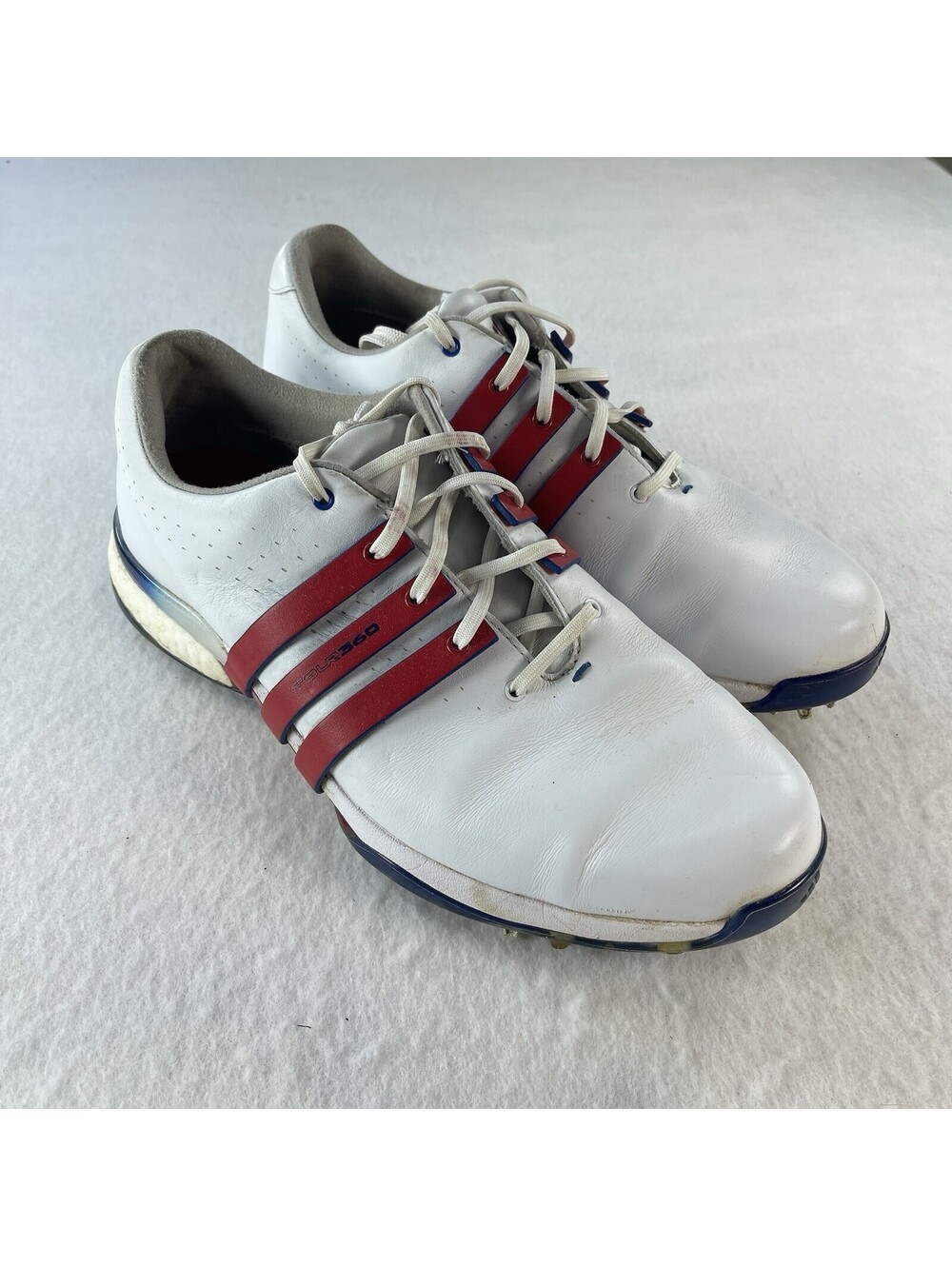 Adidas Tour360 Boost Golf Shoes White Red Blue Men's SZ 10 spiked leather